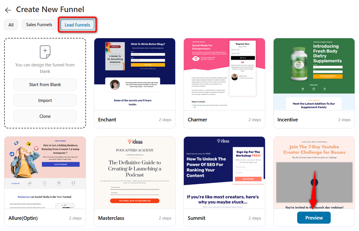 Select the template you want to import to your webinar funnel