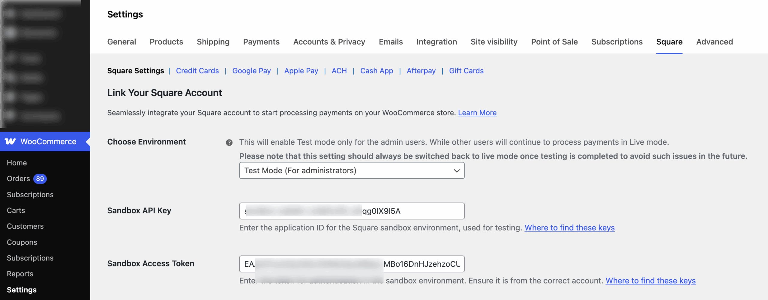 select admin only mode and provide sandbox details for Square