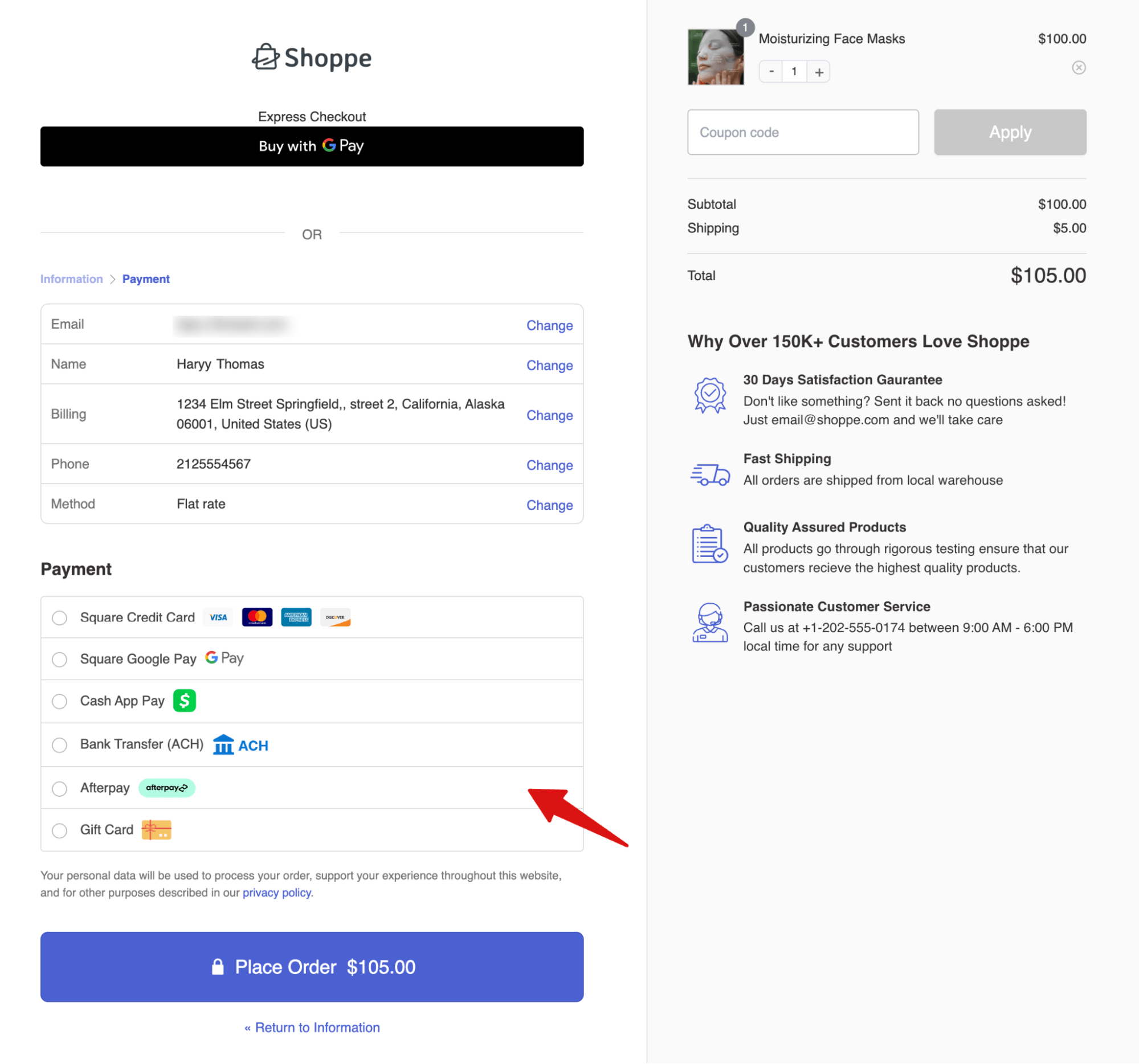tesr square payment options in WooCommerce