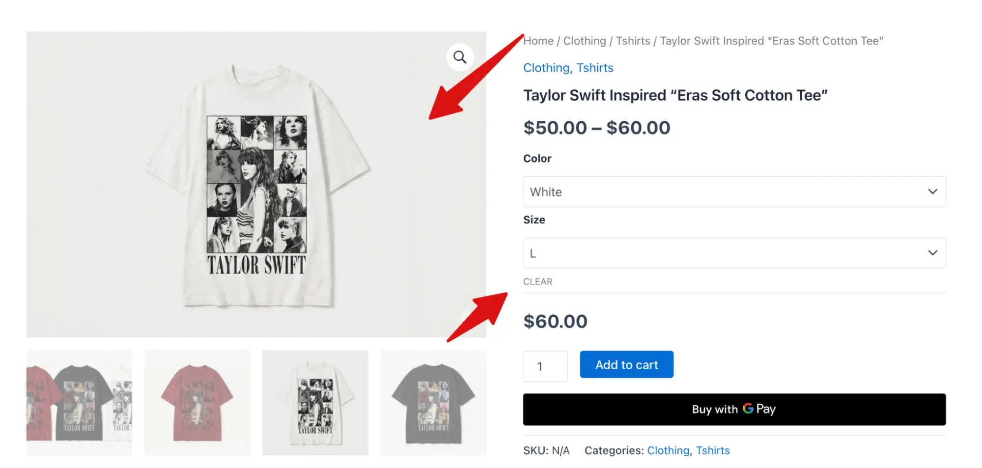 
Customers can change attributes such as color and size to select their preferred variation. If each variation has its own image, it will update automatically along with the price.
