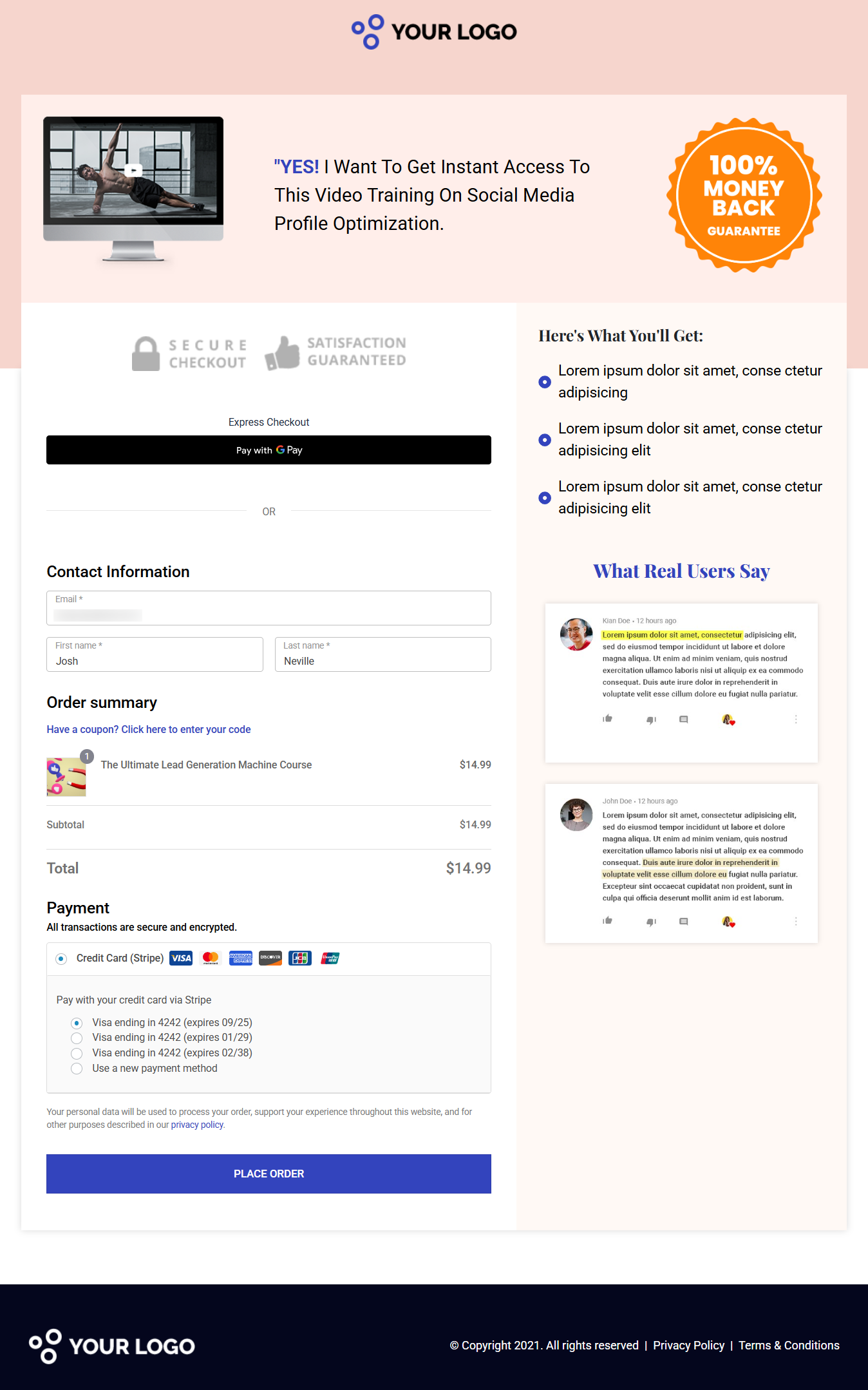 webinar funnel checkout page