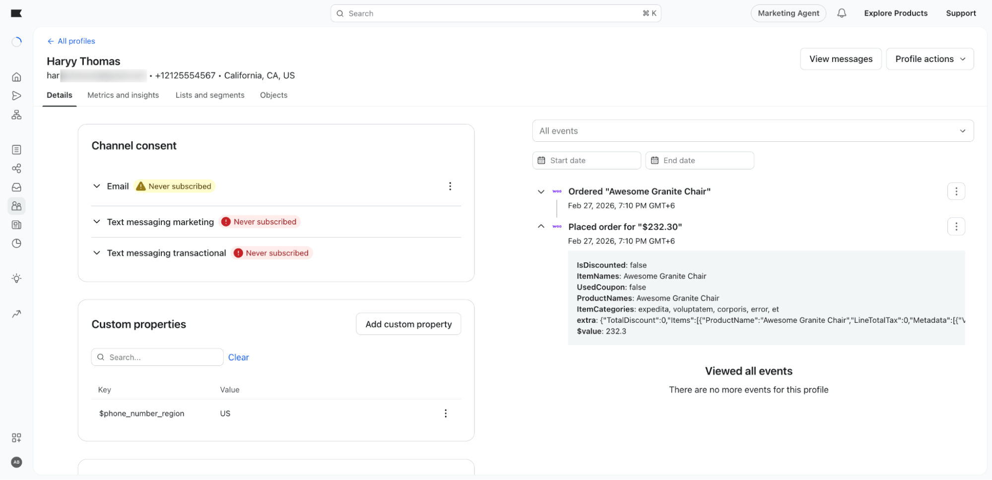 Contact profile page Klaviyo