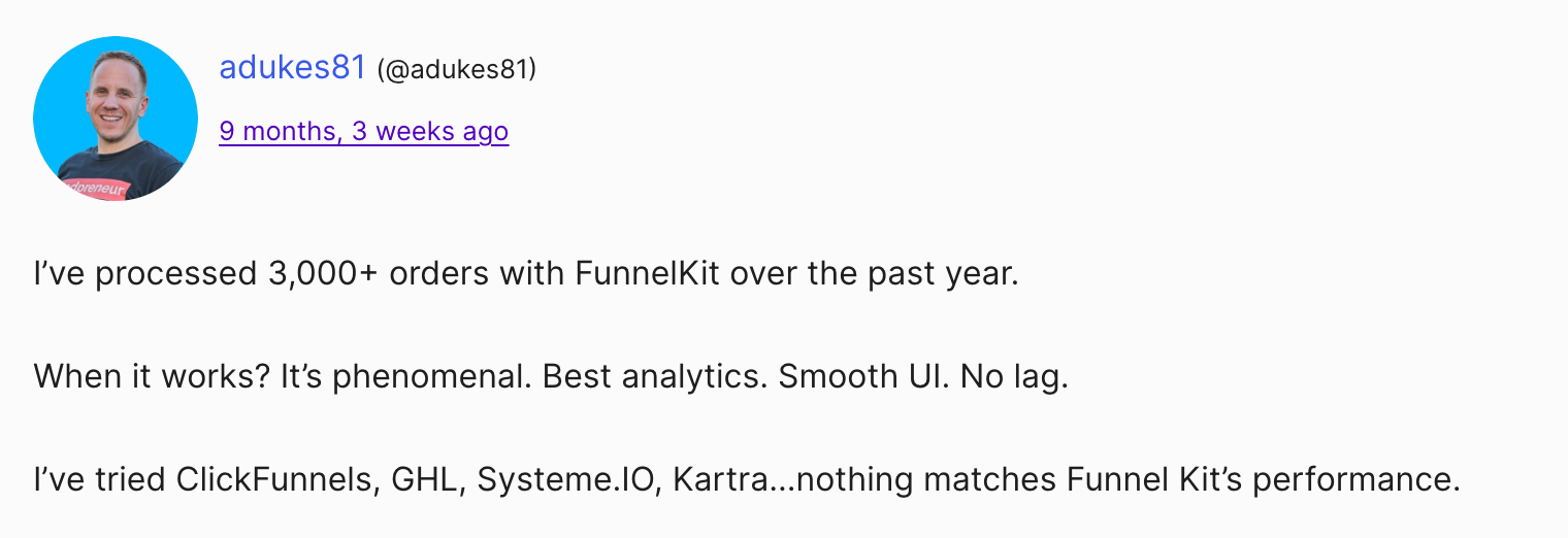 a review from WordPress.org where user is happy after switching to FunnelKit from ClickFunnels