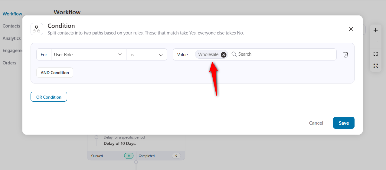A condition that skips customers with a wholesale user role