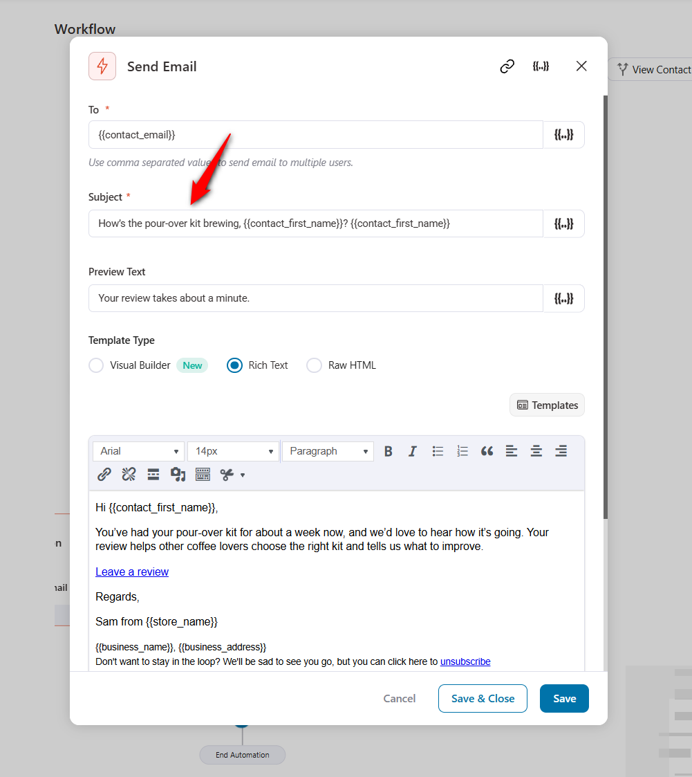 the review request email with first name and product name merge tags
