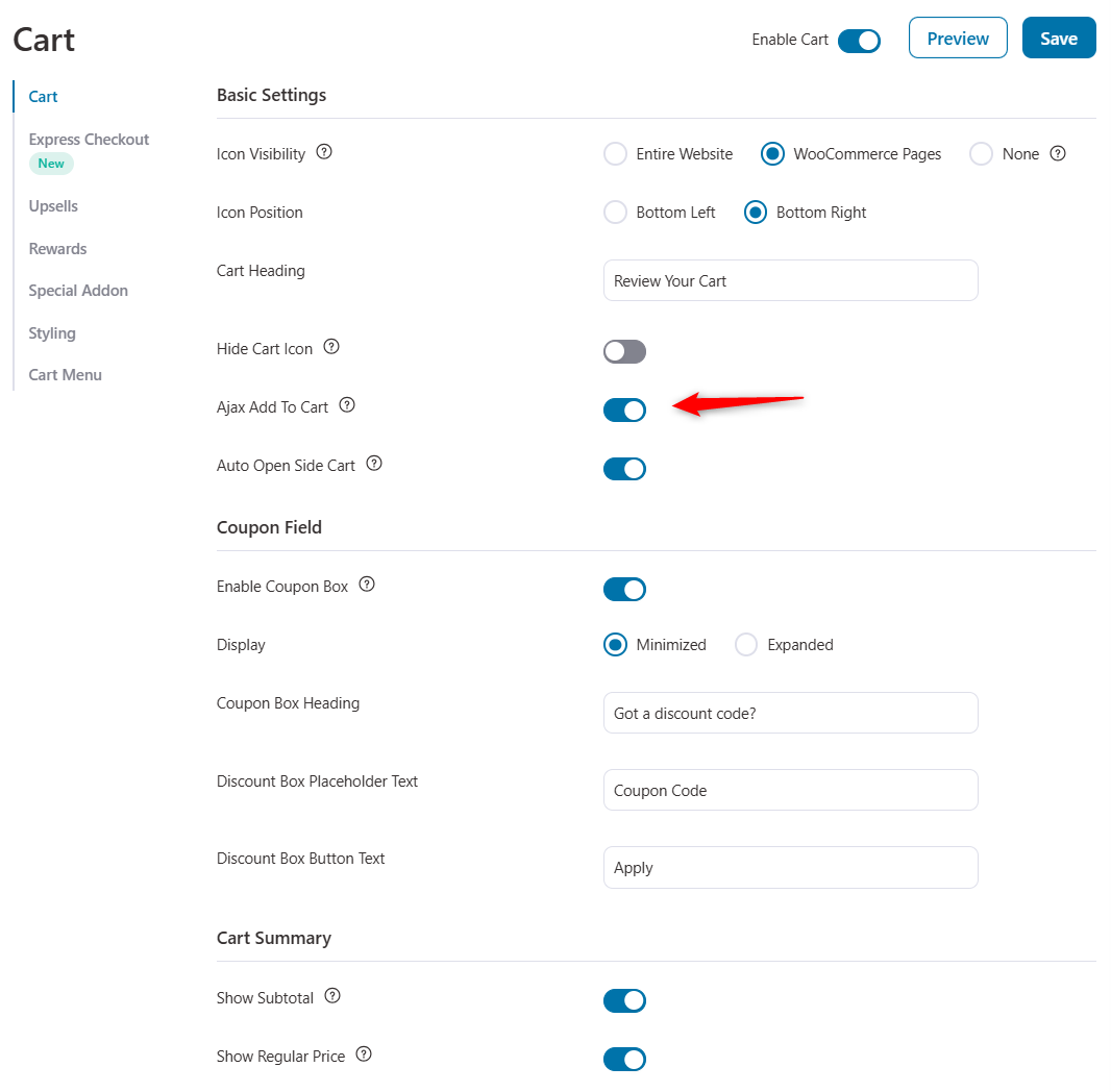 funnelkit side cart basic settings such as ajax add to cart, position and visibility