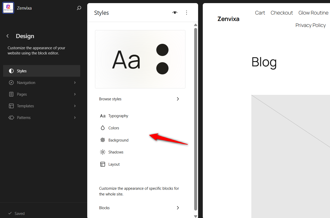 go to Appearance ⇨ Editor ⇨ Styles to adjust colors and typography to apply site-wide including checkout