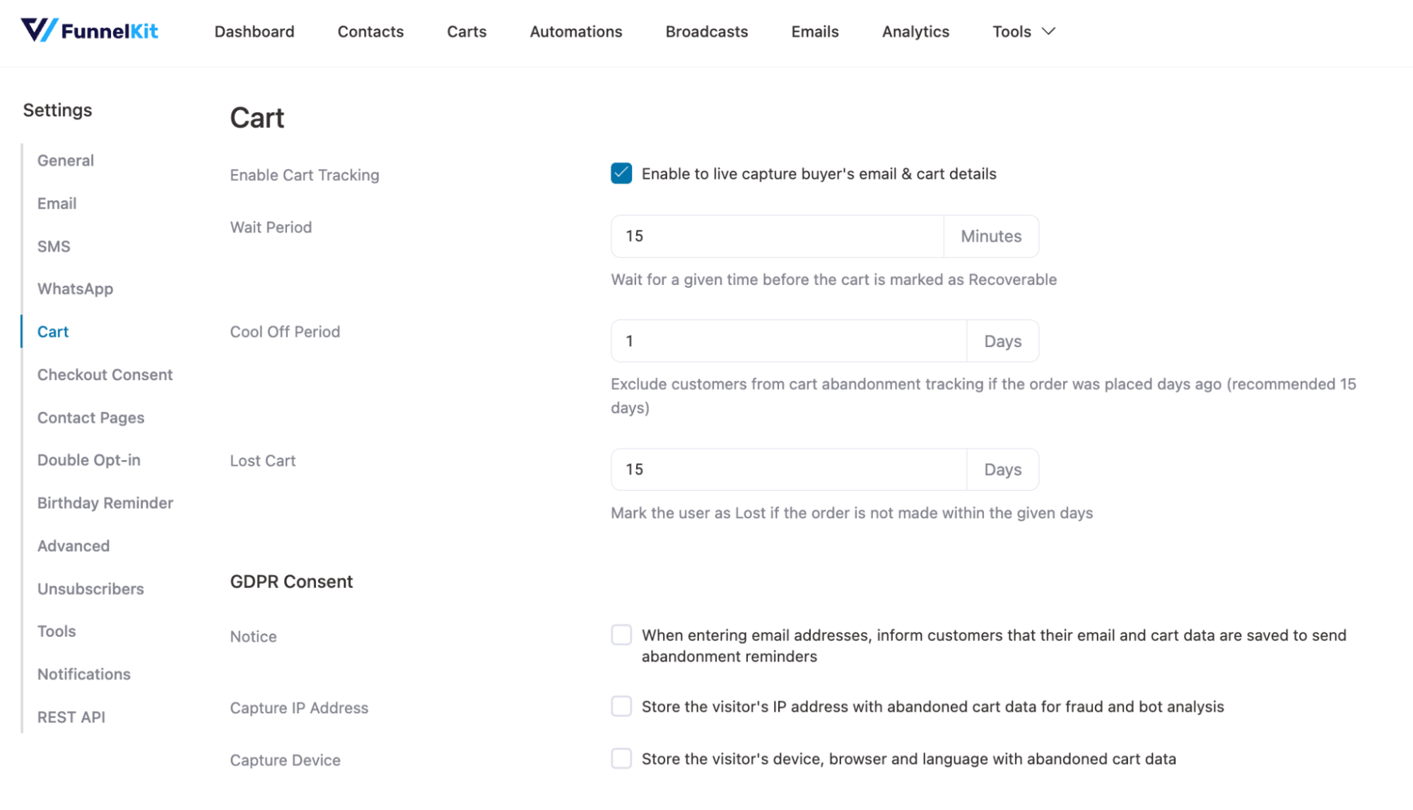 configure abandoend cart tracking funnelkit automations