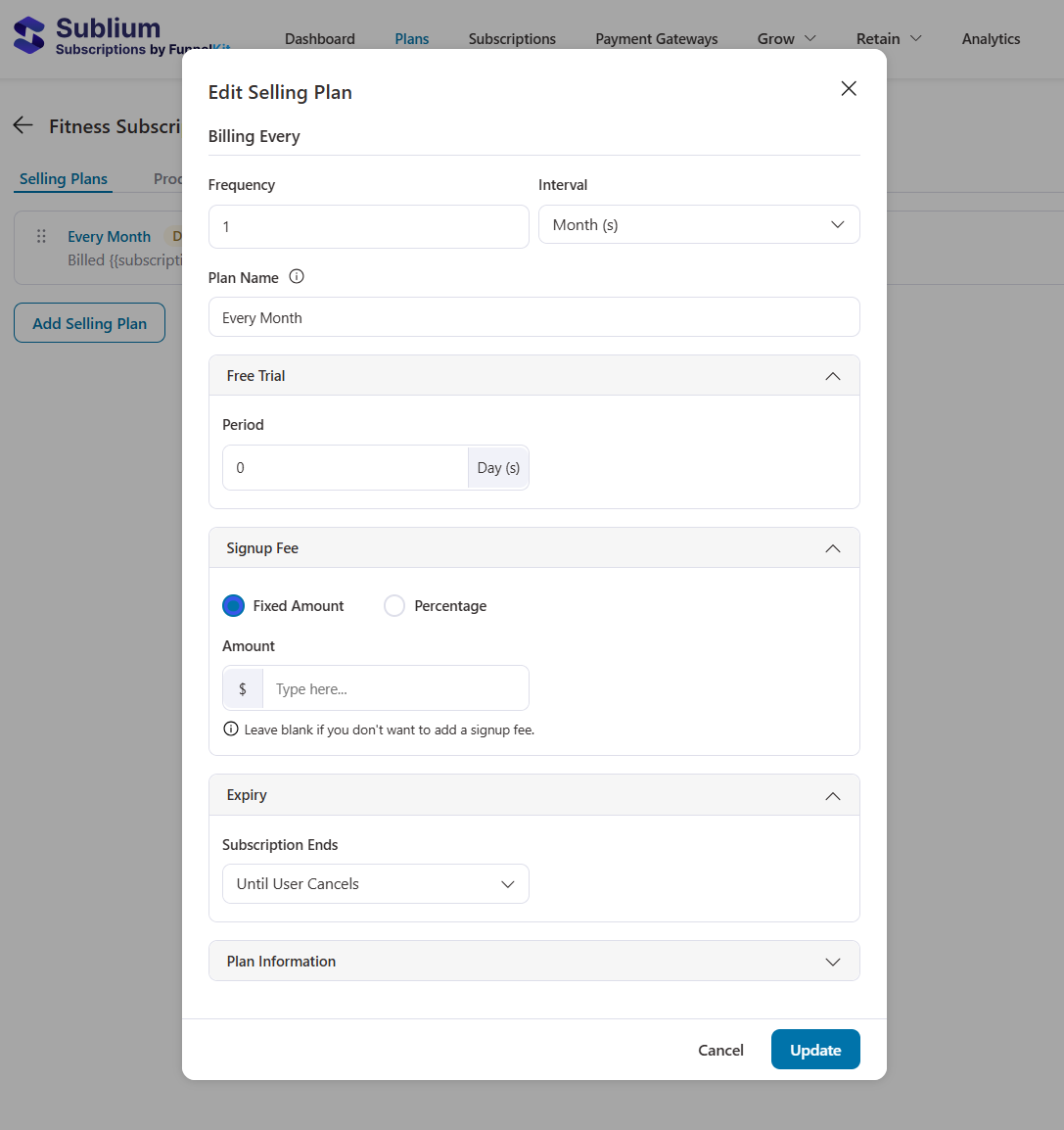 configure subscription plans - billing frequency, free trial, signup fee, expiry and plan information