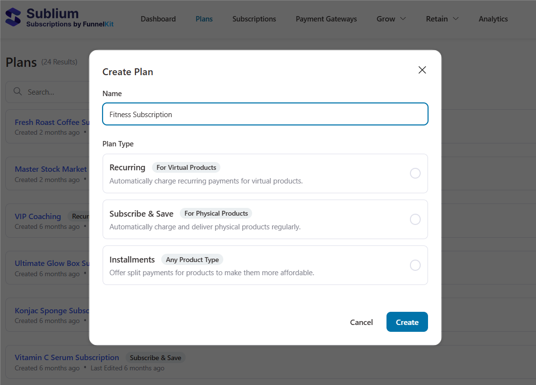 funnelkit sublium - three subscription plans, recurring, subscribe & save and installments