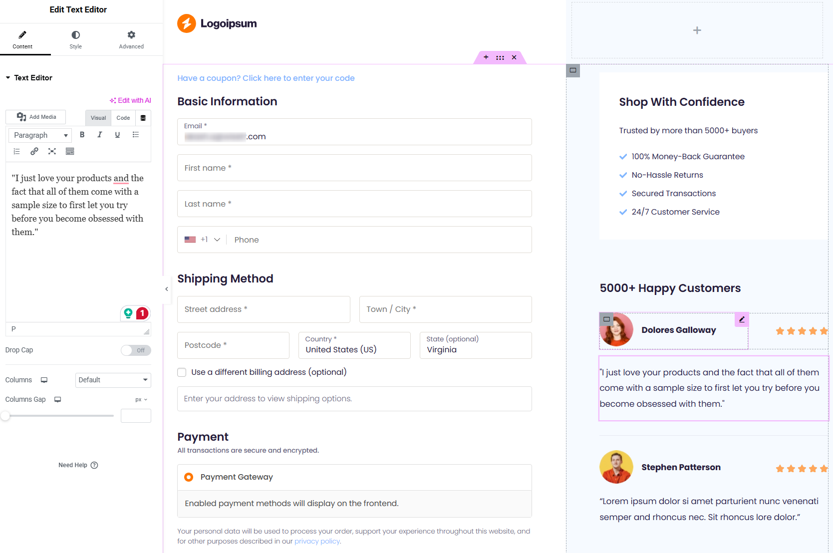 Display customer testimonials and trust badges on the checkout page