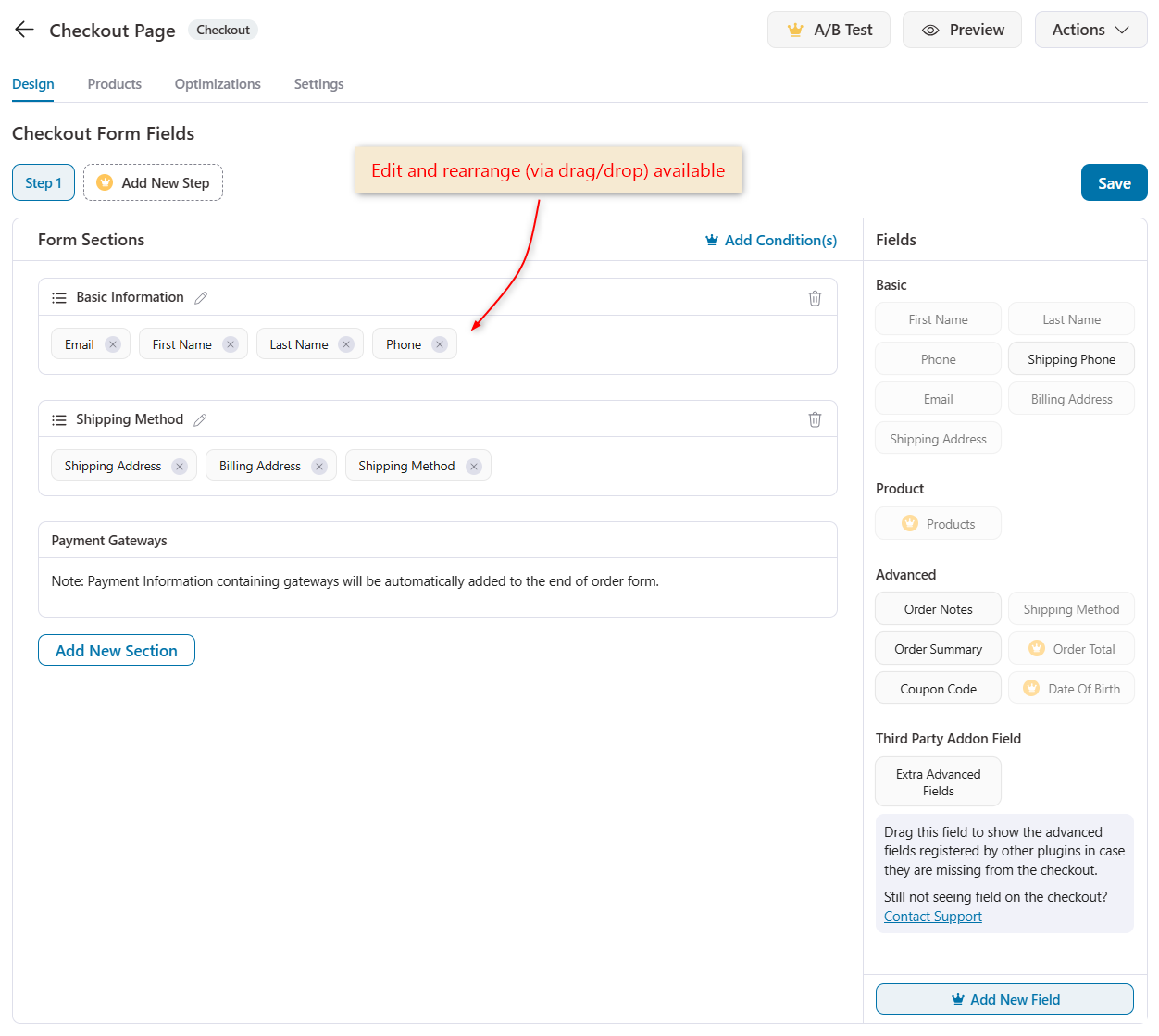 Edit and rearrange the checkout fields via drag-and-drop editor