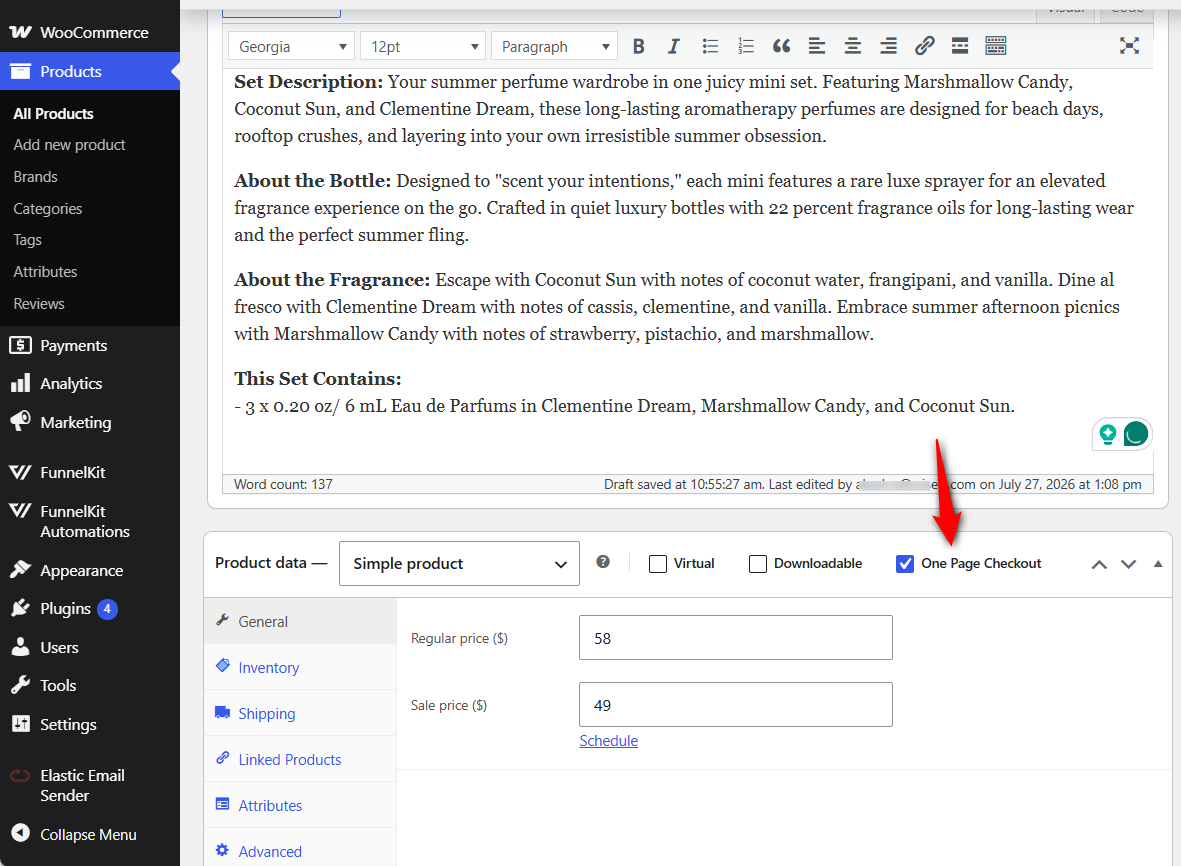 After you install and activate the extension, a new One Page Checkout checkbox appears next to Virtual and Downloadable options when you edit a product. Check that box to enable it for that product.