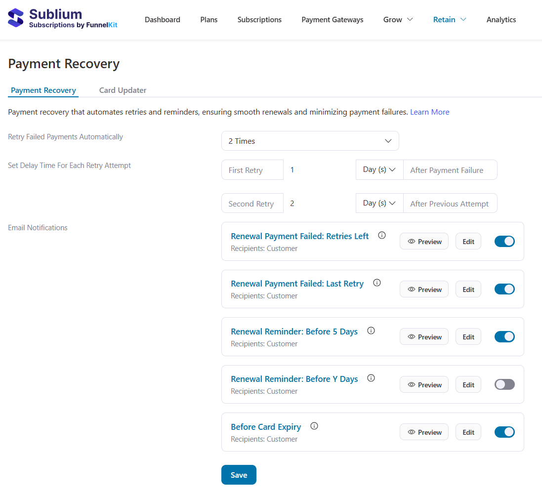 funnelkit sublium - subscription failed payment recovery and dunning management