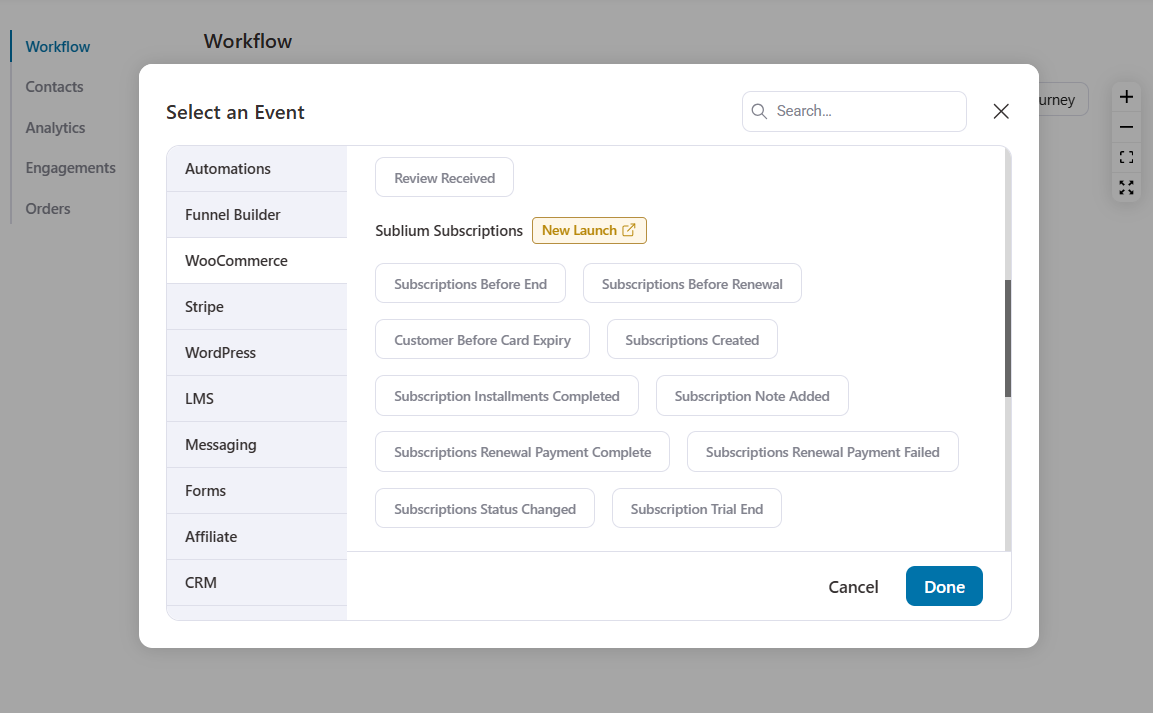 sublium subscription event triggers inside funnelkit automations