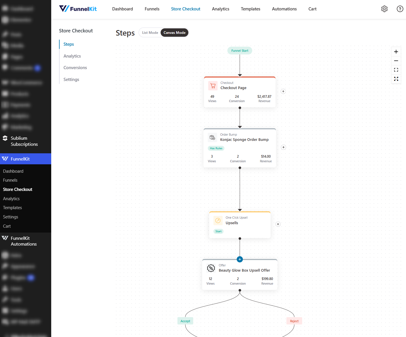 funnelkit canvas mode for sales funnels and store checkouts