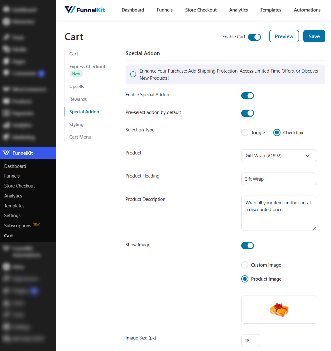 enable woocommerce special addon inside funnelkit cart
