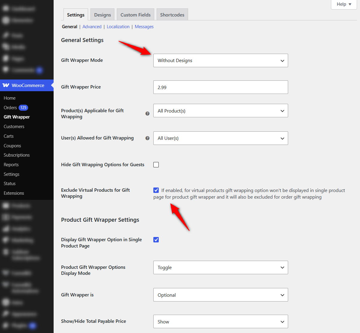 configure the woocommerce gift wrap options