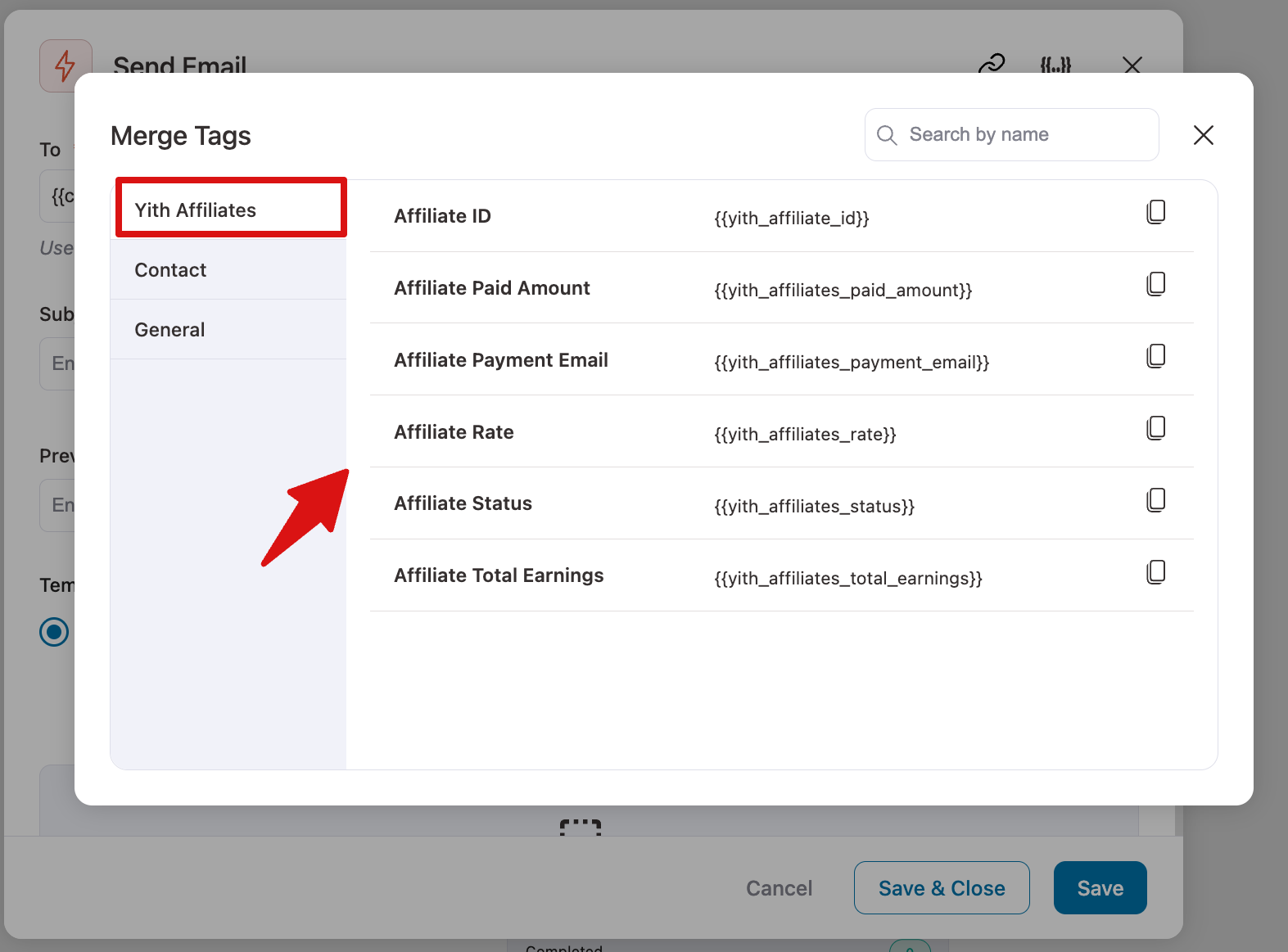 YITH affiliate merge tags list for email personalization in FunnelKit Automations