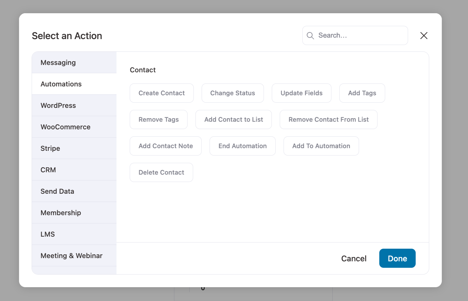 Automation actions options for contact and messaging in FunnelKit Automations