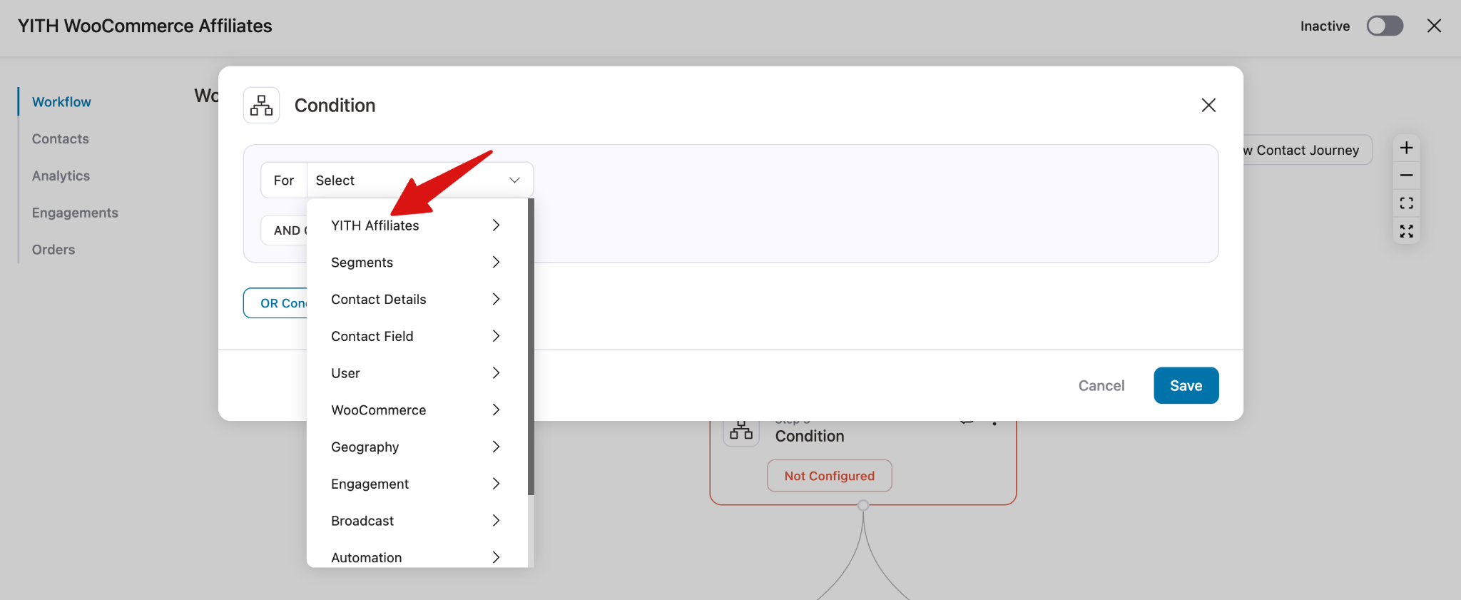 Automation condition setup for YITH Affiliate rules in FunnelKit