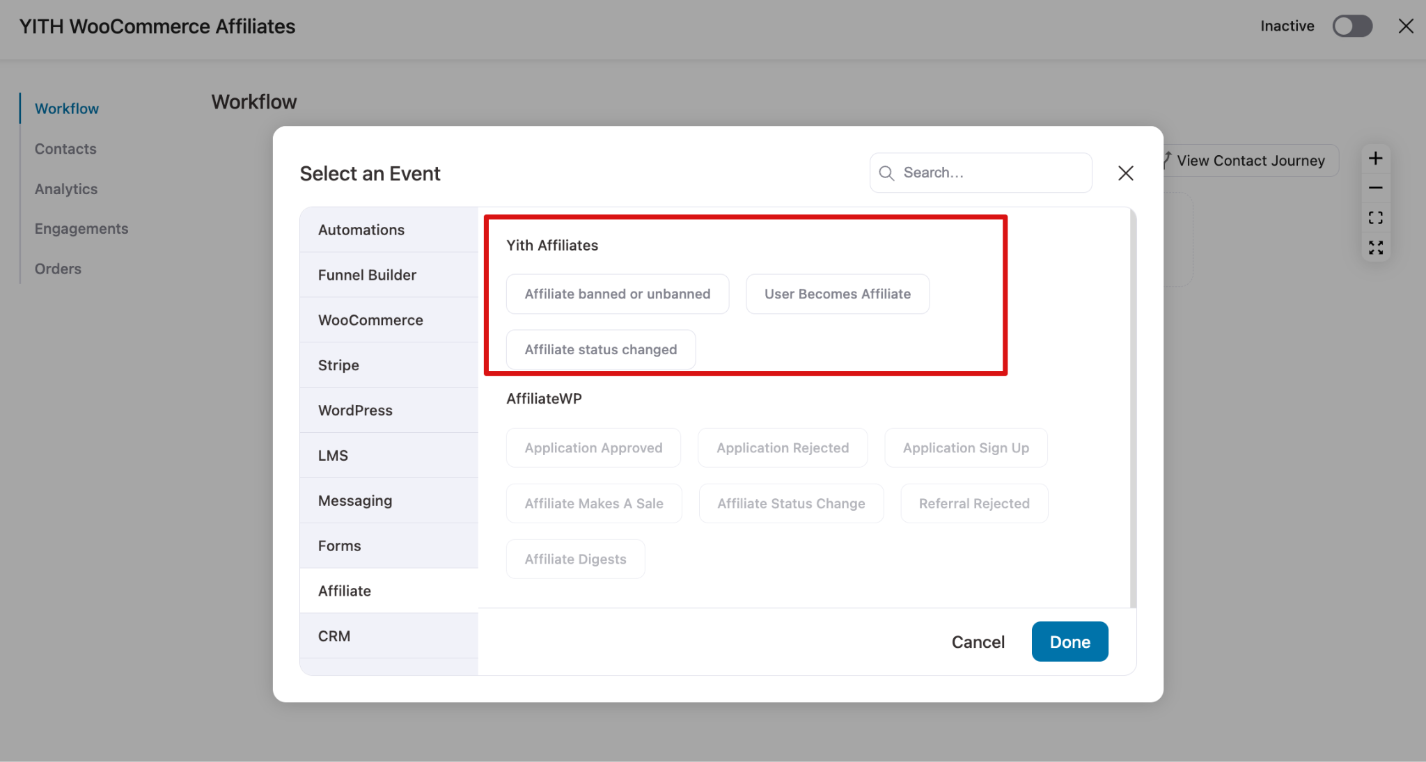 YITH WooCommerce Affiliates triggers list in FunnelKit Automations