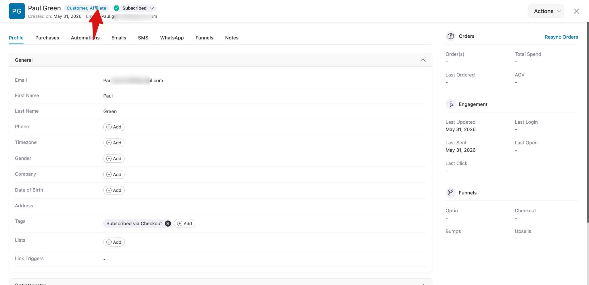 Affiliate contacts list in FunnelKit Automations showing YITH WooCommerce Affiliates contacts