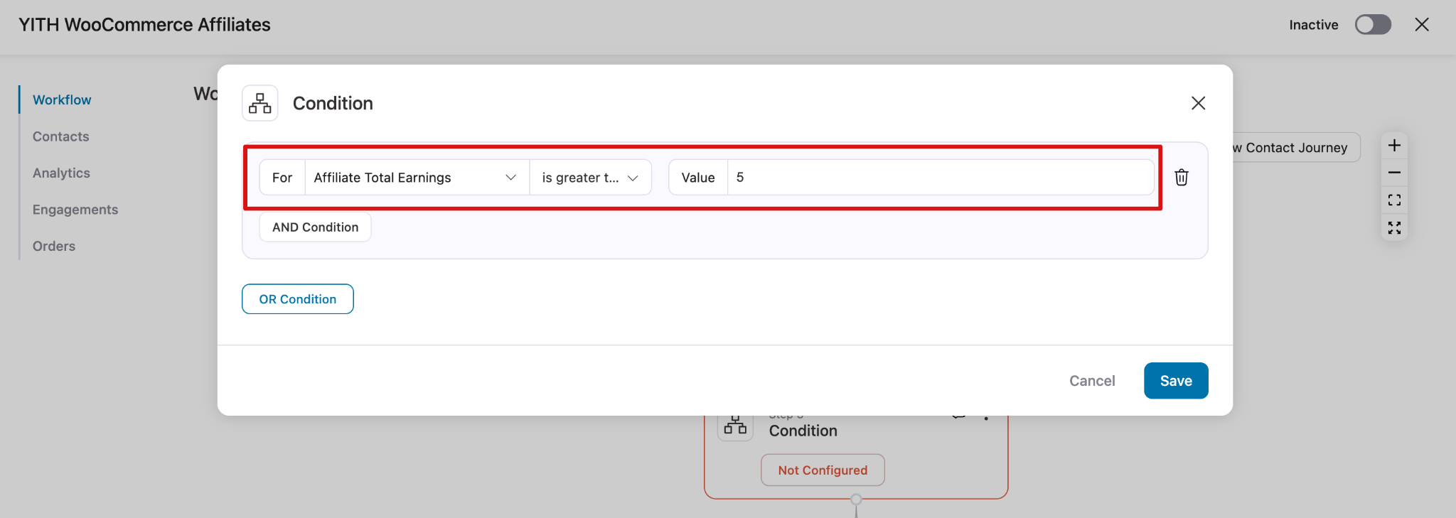 Setting conditions for YITH WooCommerce Affiliate automation workflow
