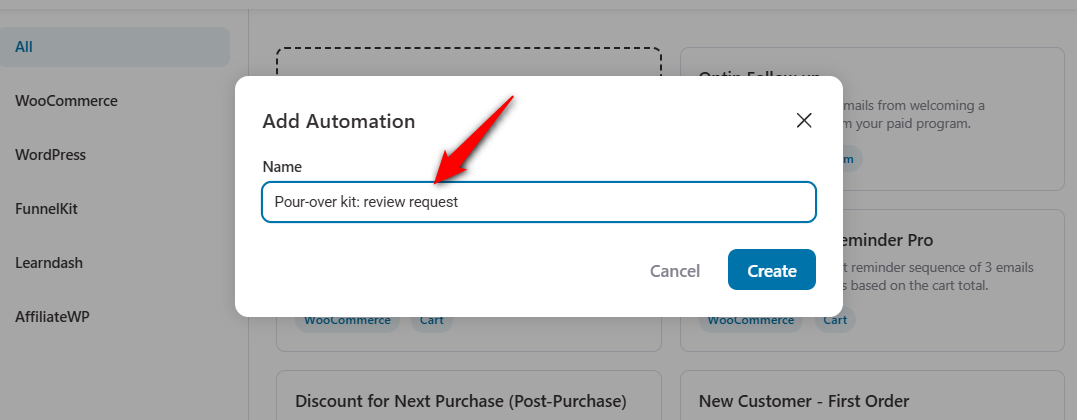 Give it a name that says what it does, like "Pour-over kit: review request". You'll thank yourself once you have a dozen automations running.