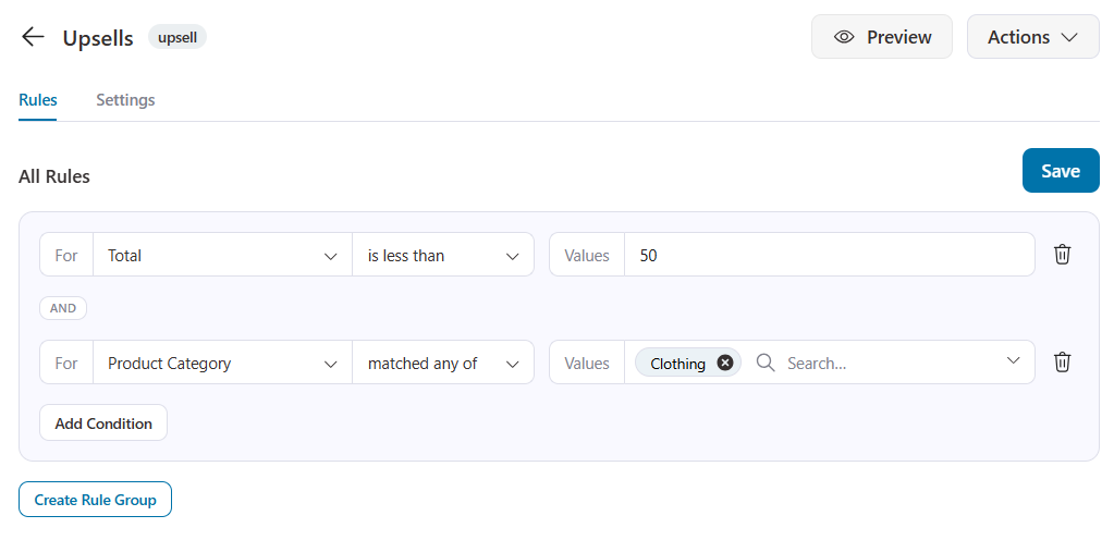 one-click upsell conditional rules