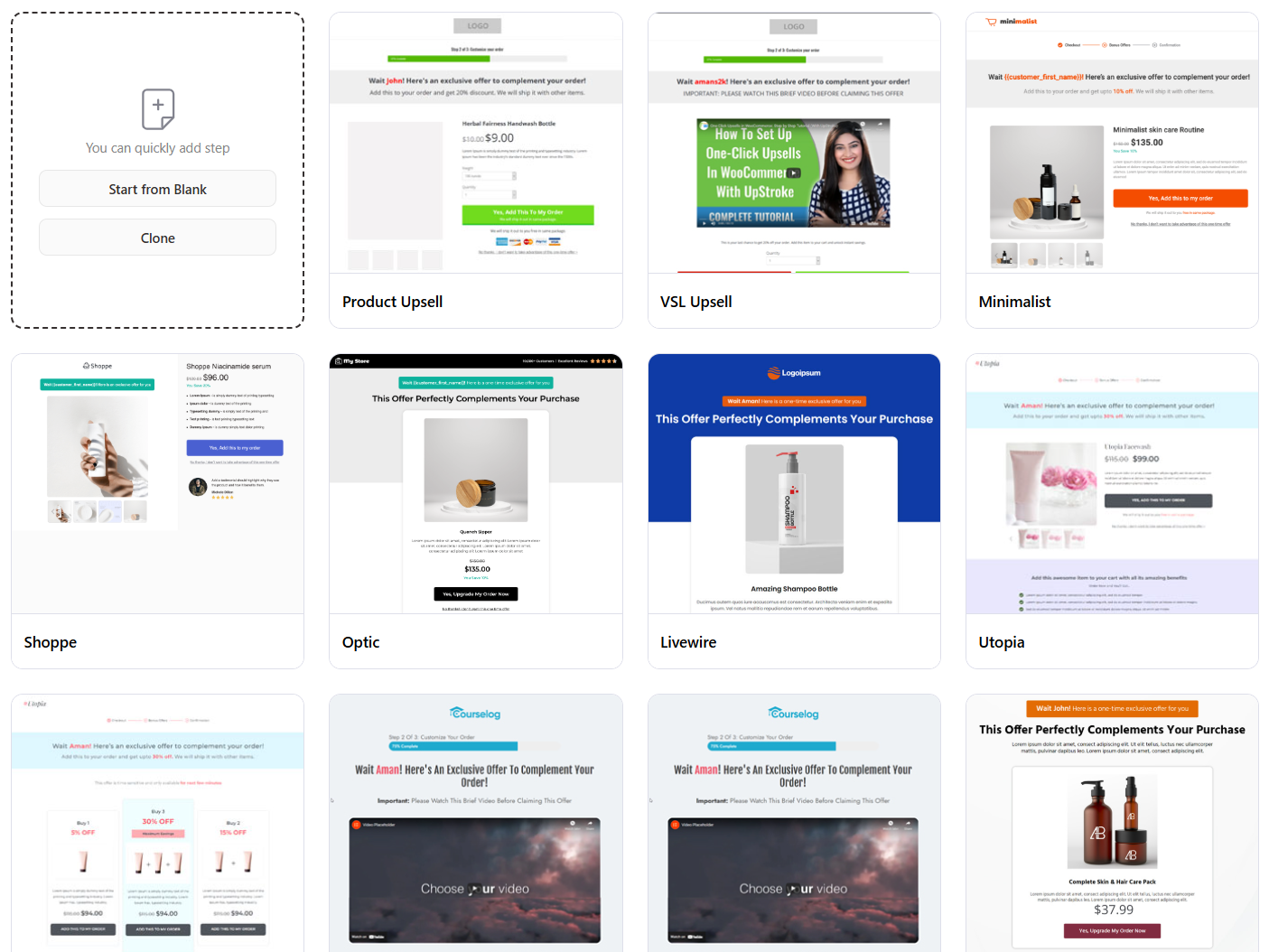 One-click upsell page templates