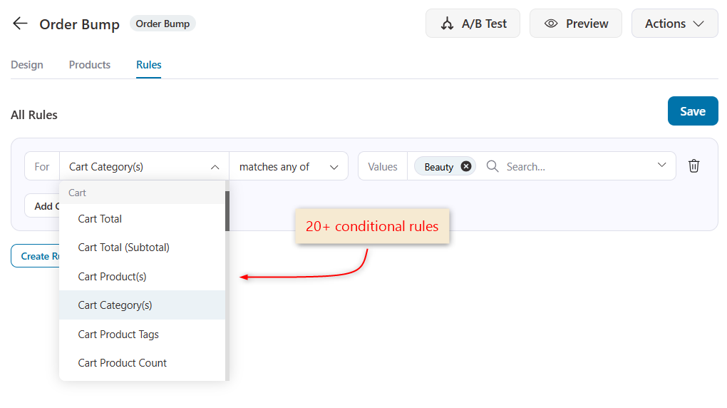Order bump conditional display rules