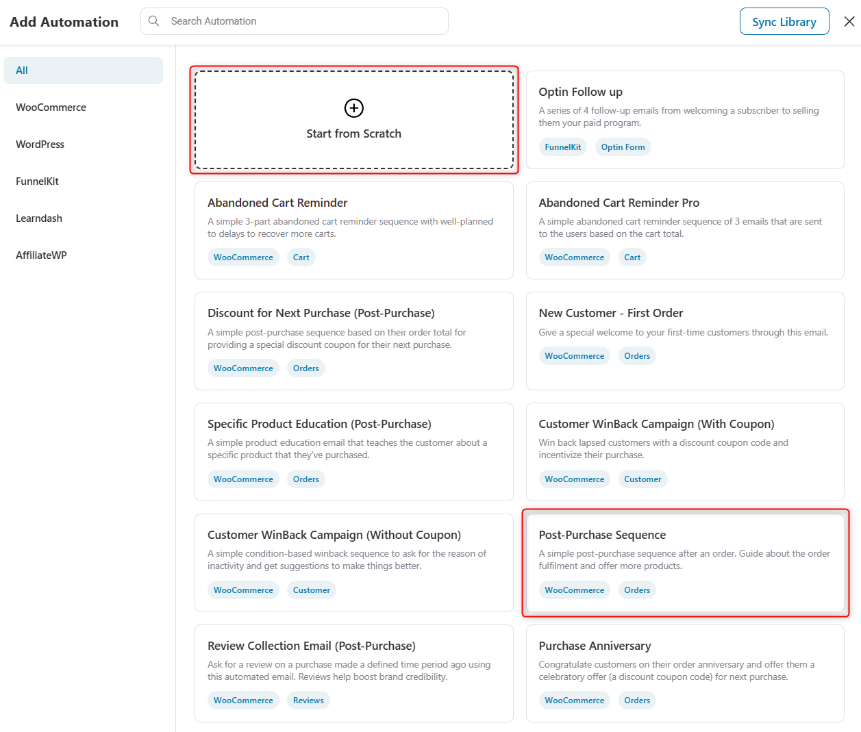 You can import the free Post-Purchase Follow-Up recipe, which comes with the workflow already laid out, or click 'Start from Scratch'.