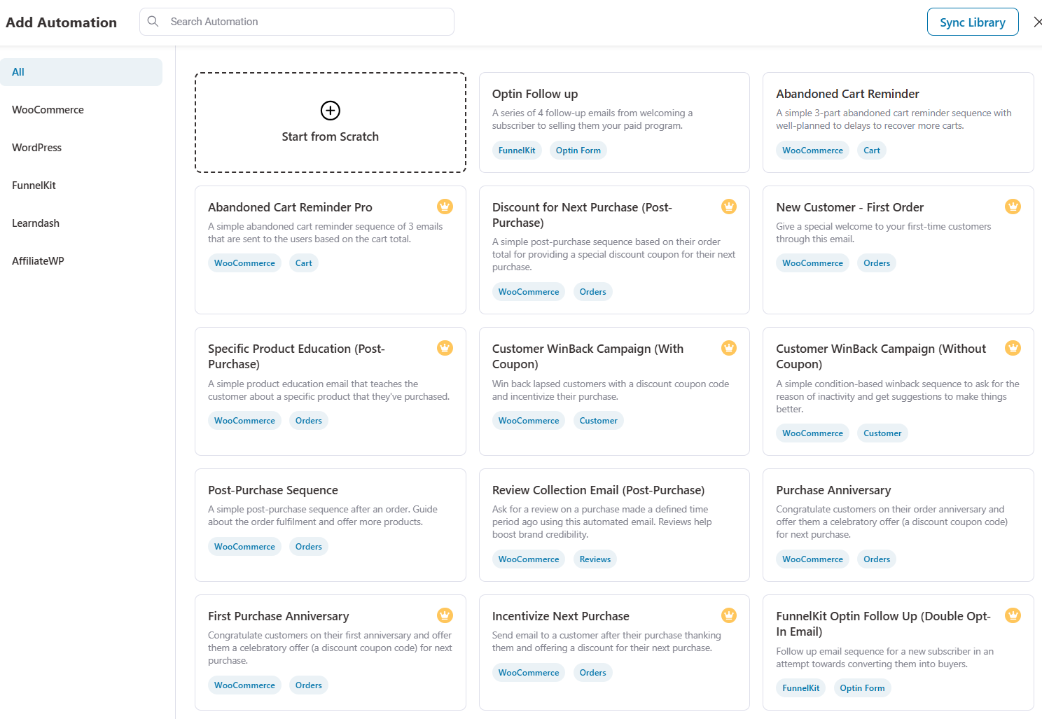 Pre-built automation recipes (abandoned cart recovery, post-purchase follow-up, welcome emails, first-purchase anniversary, and review collection)