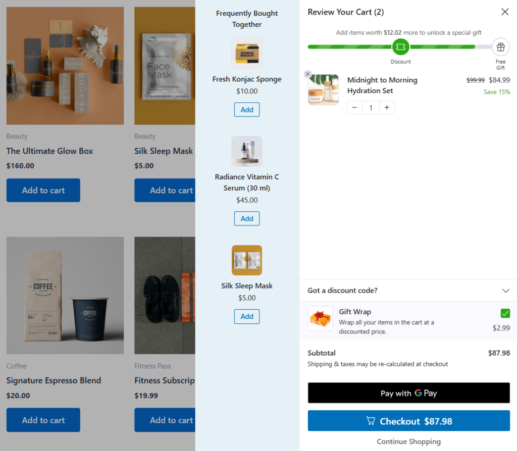 FunnelKit Sliding Cart has a dedicated add-ons section for exactly this category, covering gift wrapping, gift messages, express shipping, and warranties as checkbox or radio options with prices shown inline.