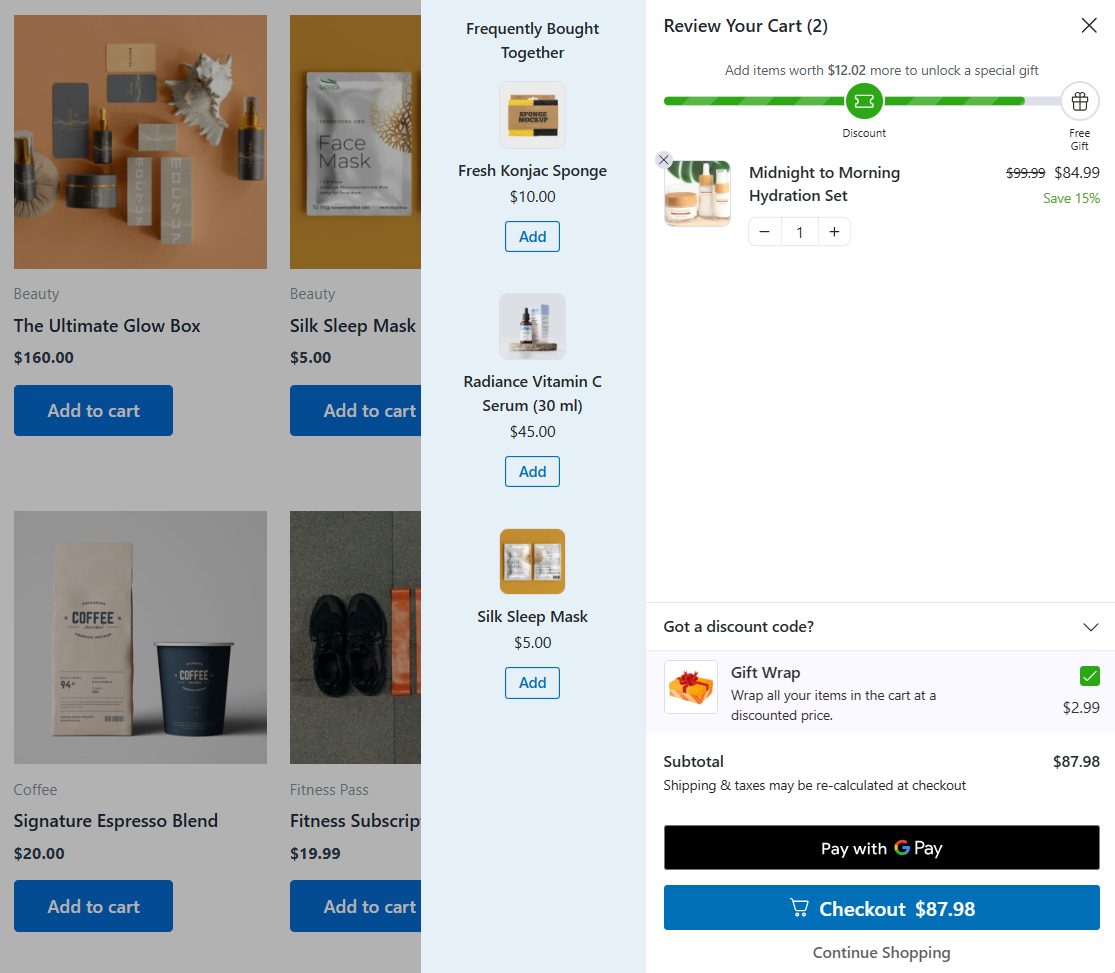 preview of the gift wrap addon inside the woocommerce sliding side cart