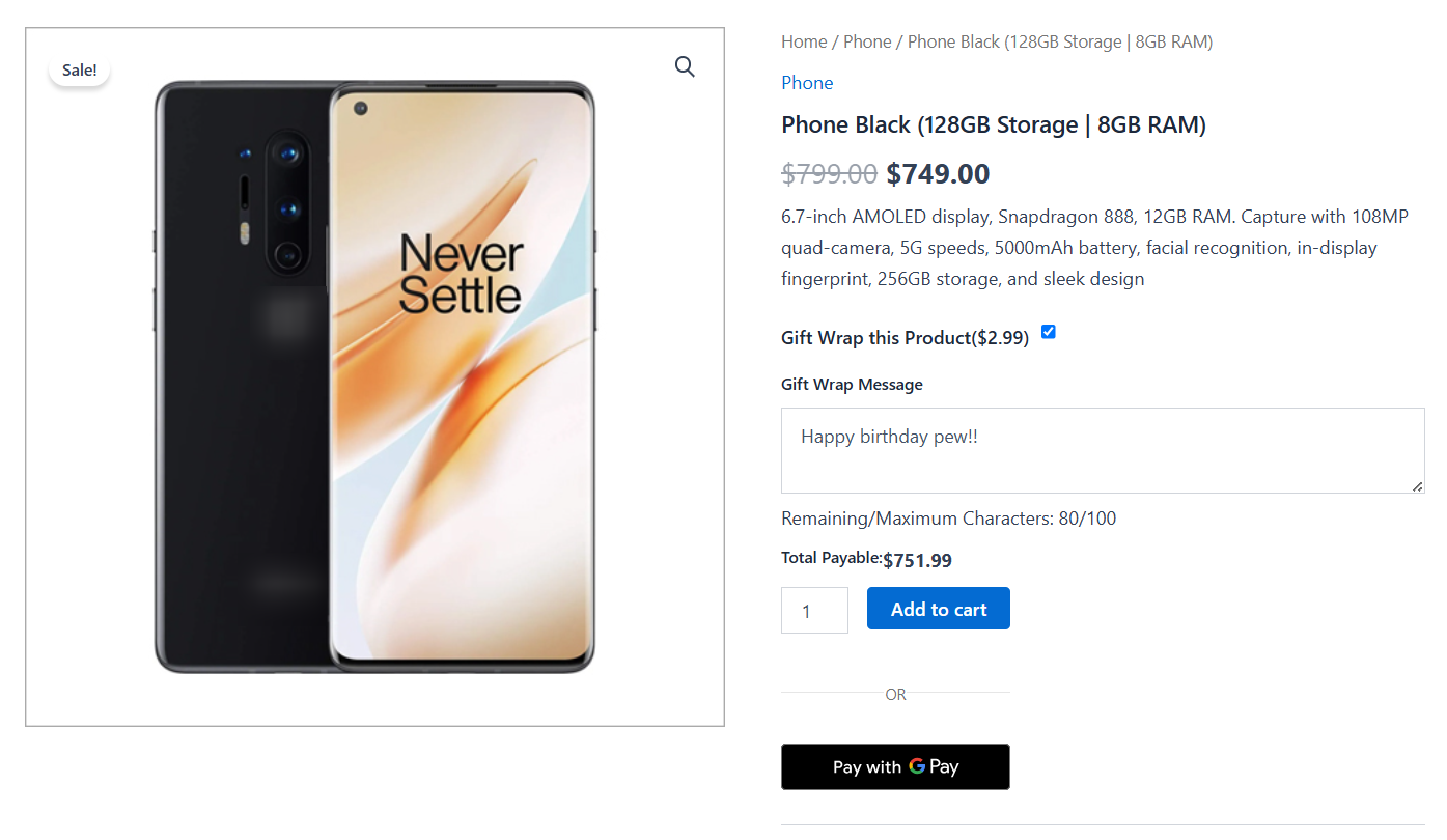 preview of your product page without any gift wrapping design: