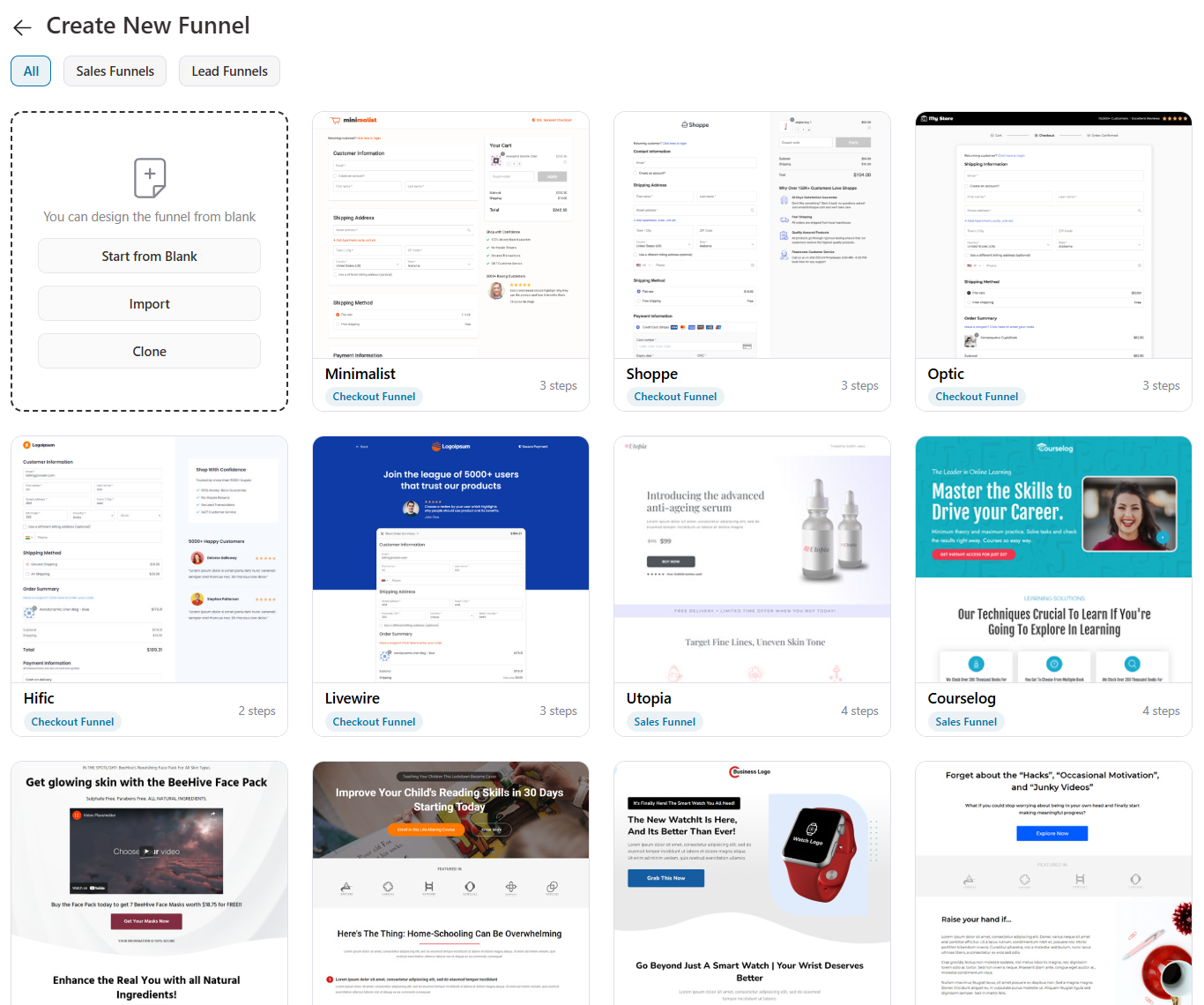 all sales funnel templates unlocked in funnelkit pro