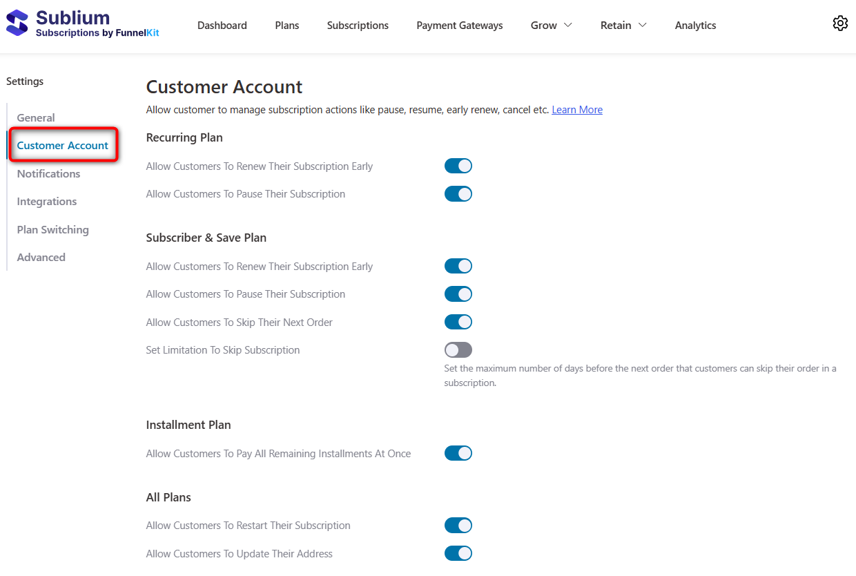sublium customer account settings