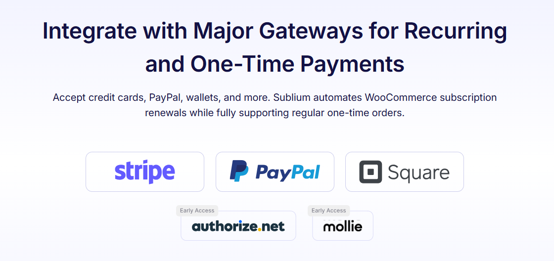 funnelkit sublium - integrate with major payment gateways like stripe, square, paypal, mollie, and auhtorize.net
