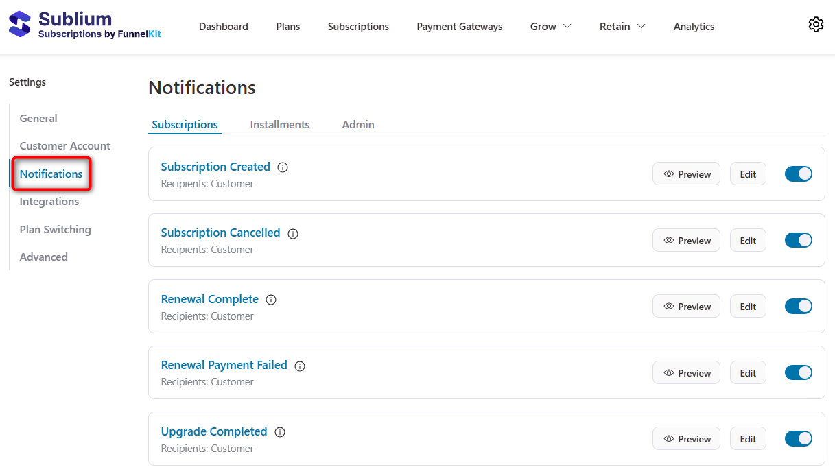sublium subscription email notifications