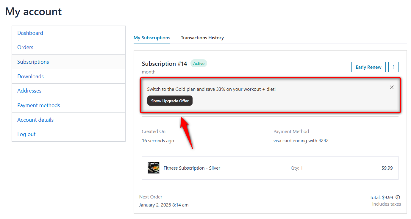 funnelkit sublium subscription plan switching offer display inside my account page