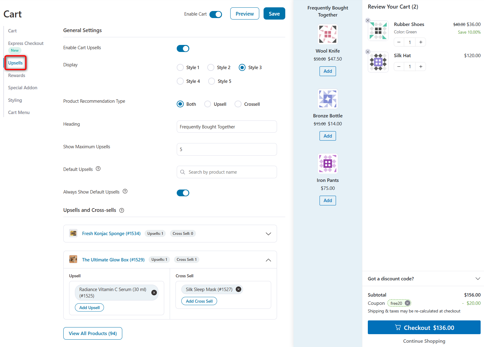 Set up upsells and cross-sells for in-cart product recommendations