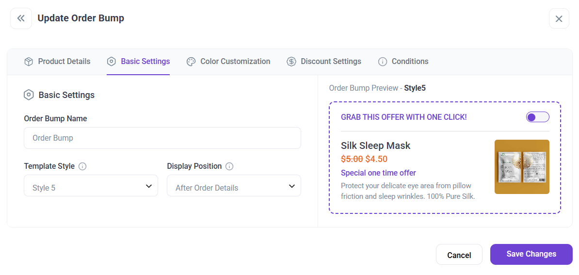 wpfunnels order bump template style and display position