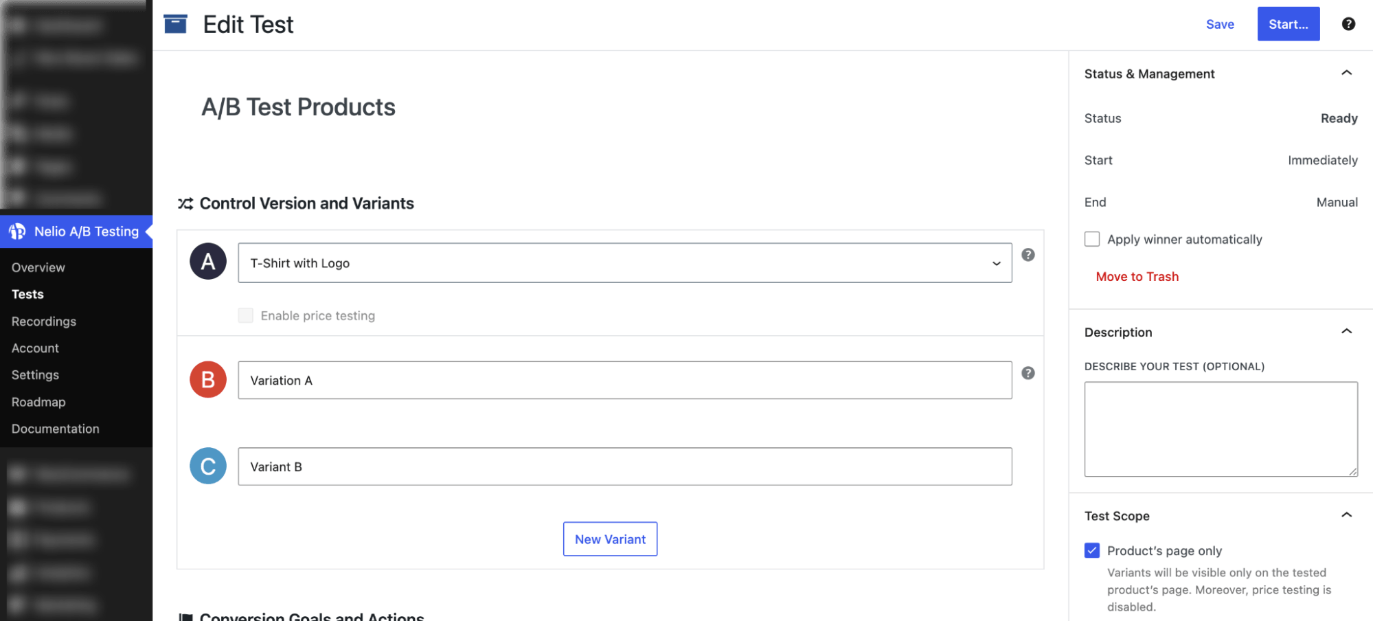 ab test product page using Nelio