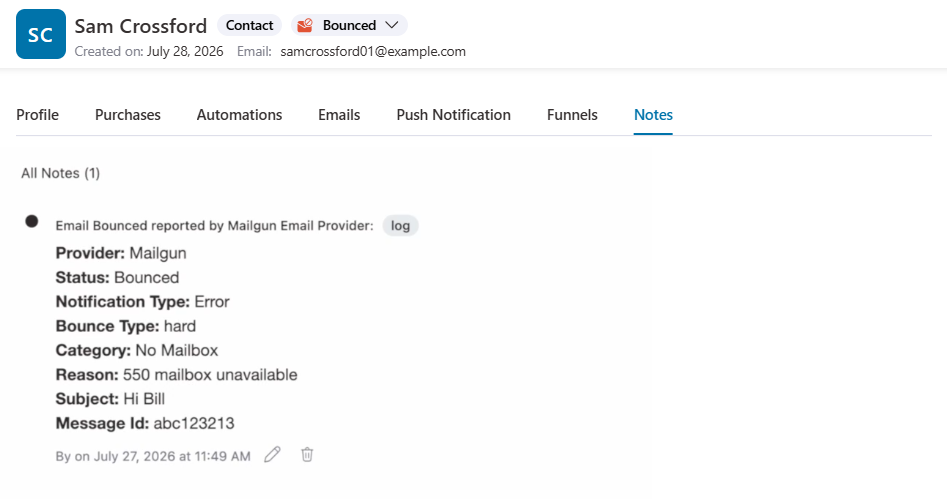 FunnelKit Automations 3.8.5 adds a timestamped note to the contact profile if the emails get bounced