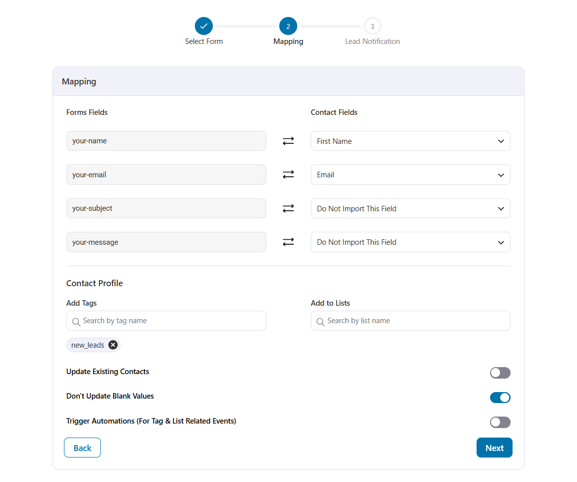 Map the fields and add tags or add your leads to lists.