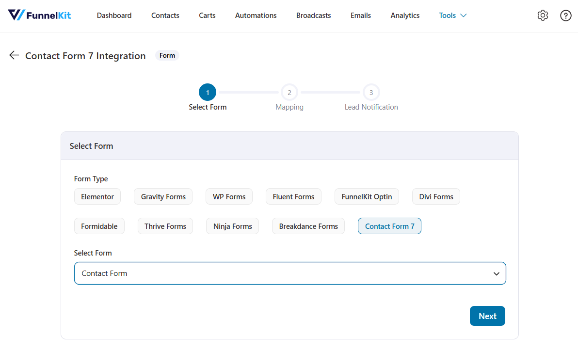 Head to the Tools ⇨ Forms section, choose Contact Form 7, and your forms are ready to work with your automations