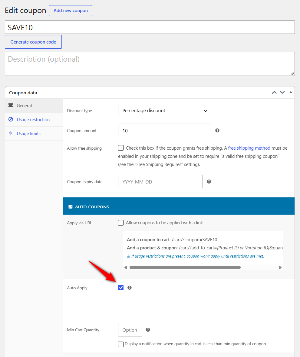 Open Save10 under Marketing ⇒ Coupons and turn on the plugin's auto-apply option in the coupon settings.
