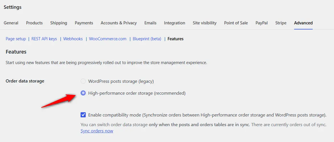 Check WooCommerce ⇨ Settings ⇨ Advanced ⇨ Features and verify your critical plugins declare HPOS compatibility. Make sure to enable it in compatibility mode first, then switch to full once orders sync cleanly.